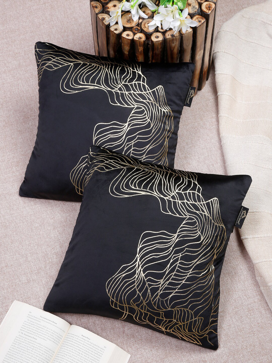 HOSTA HOMES Black Velvet Durable 2 Piece Embroidered Square Cushion Covers -16x16In