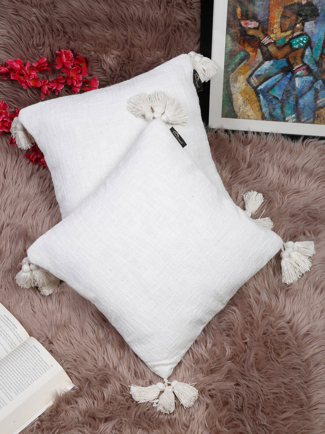 HOSTA HOMES Pure Slub Tessel Cotton 2 Pcs Square Cushion Covers - 15.7 x 15.7 In
