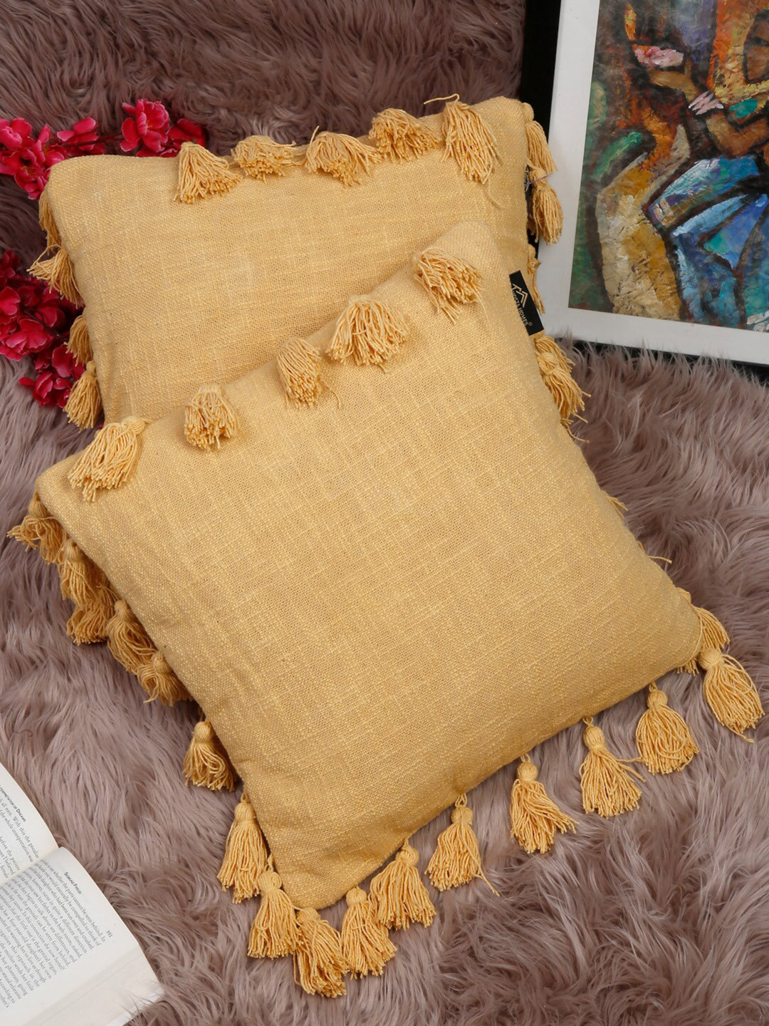 HOSTA HOMES Pure Slub Tessel Cotton 2 Pcs Textured Square Cushion Covers - 16 x 16 In