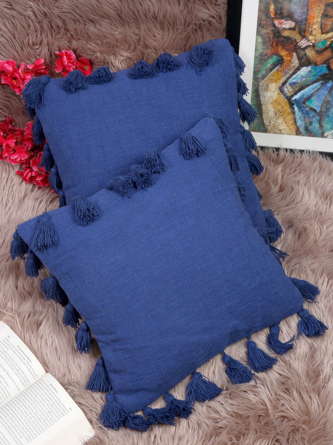 HOSTA HOMES Navy Blue Cotton Breathable 2 Piece Textured Square Cushion Covers -16x16In