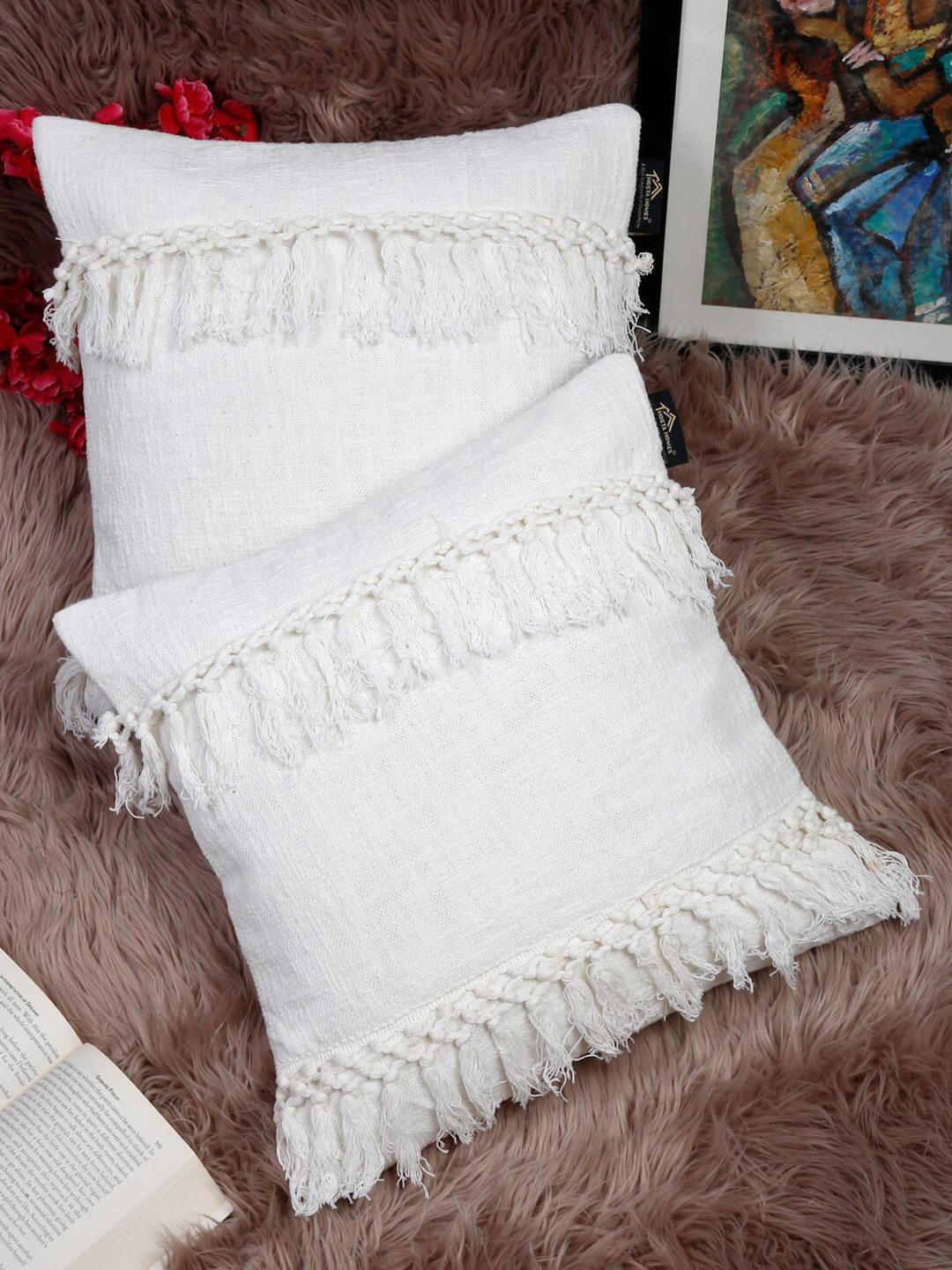 HOSTA HOMES Hand Tufted Self Design Cotton 2 Pcs Square Cushion Covers - 16 x 16 In