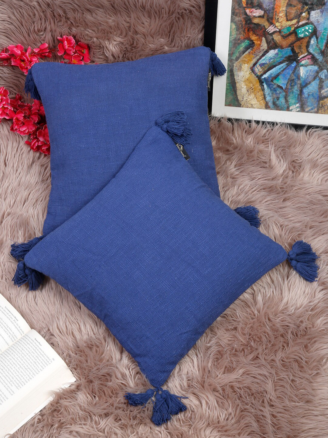 HOSTA HOMES Navy Blue Cotton Breathable 2 Piece Textured Square Cushion Covers -16x16In