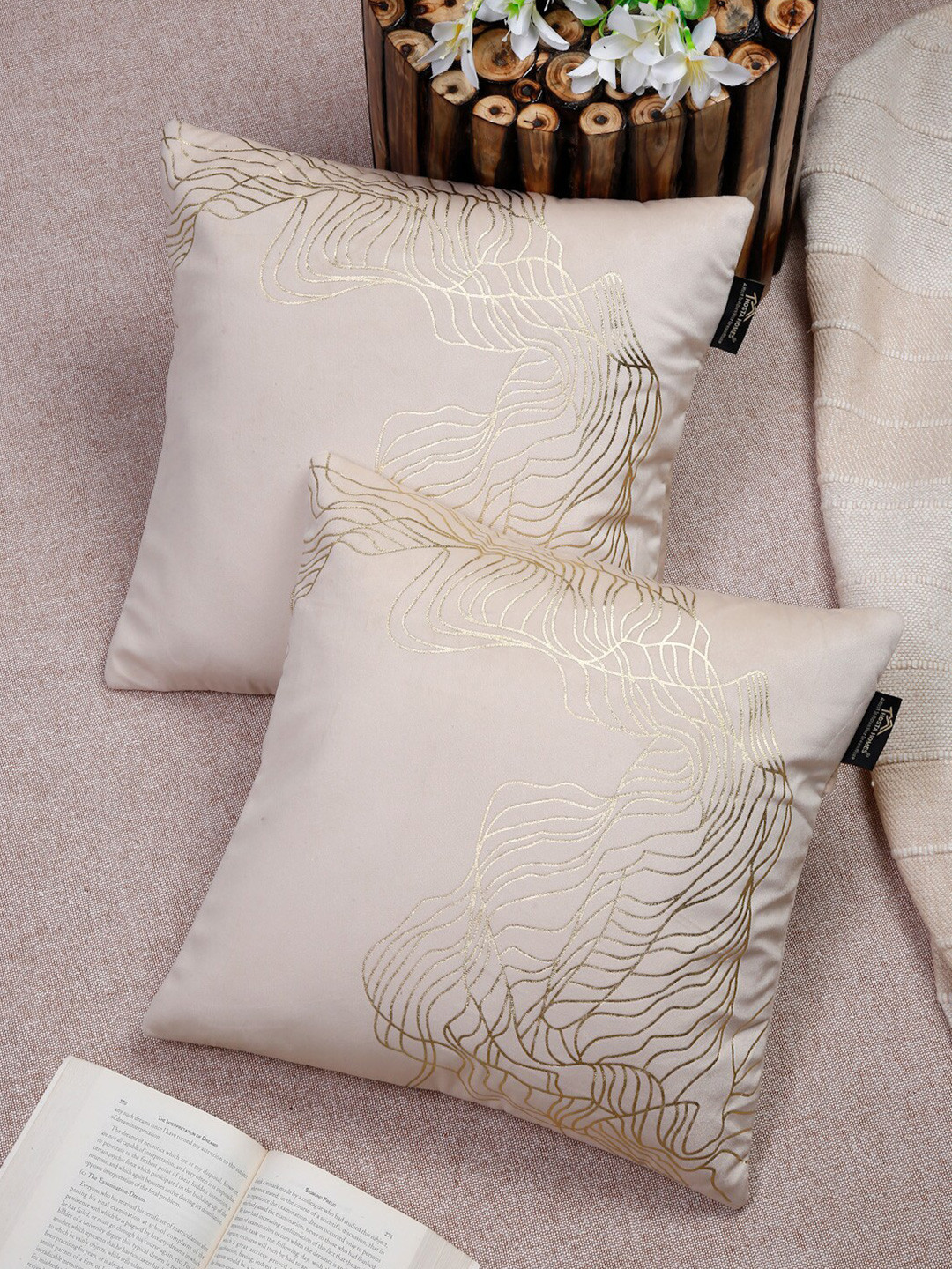 HOSTA HOMES Foil Print Cream Abstract Velvet Durable 2 Pcs Square Cushion Covers -16x16In
