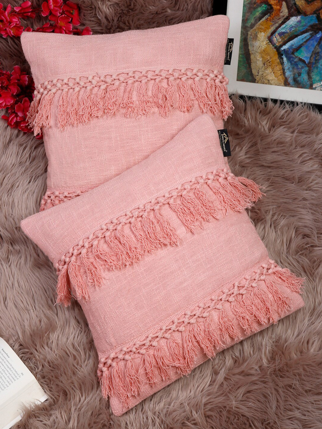 HOSTA HOMES Peach Self Design Cotton Lightweight 2 Square Cushion Covers -16x16In