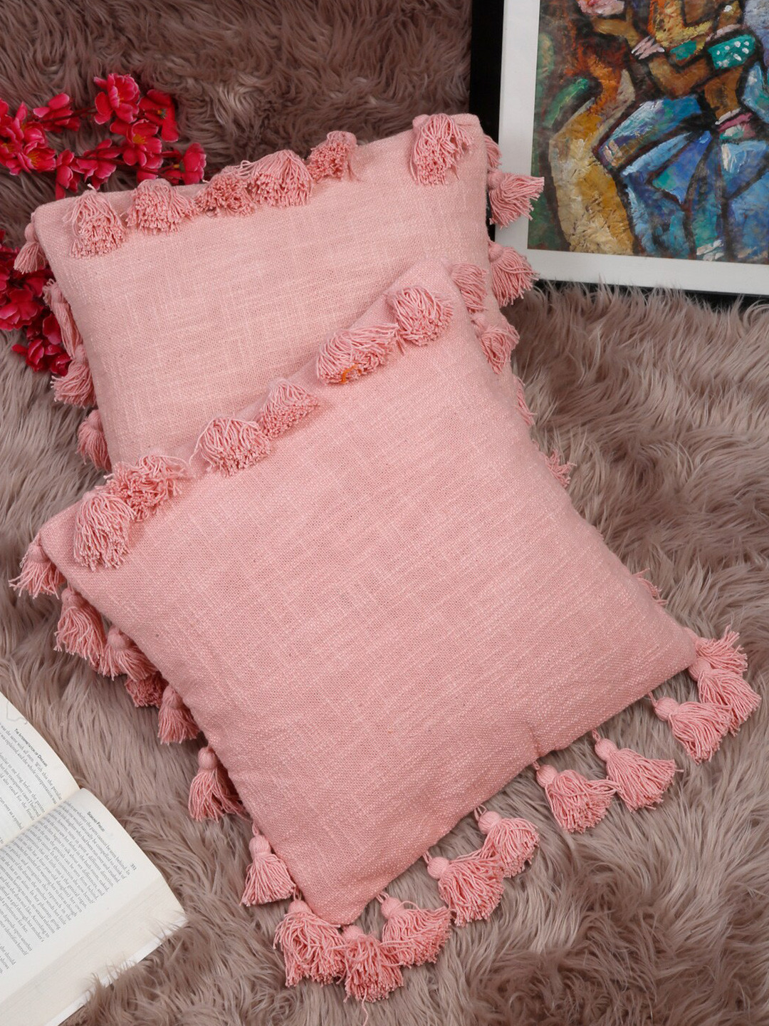 HOSTA HOMES Pink Cotton Breathable 2 Piece Square Cushion Covers -16x16In