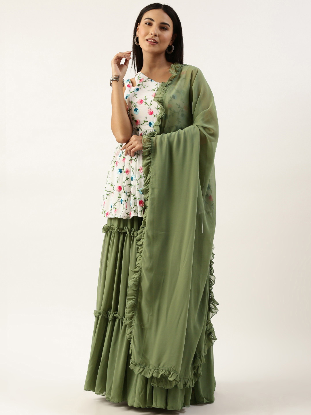 Ethnovog Floral Embroidered Pleated Kurti With Skirt & Dupatta