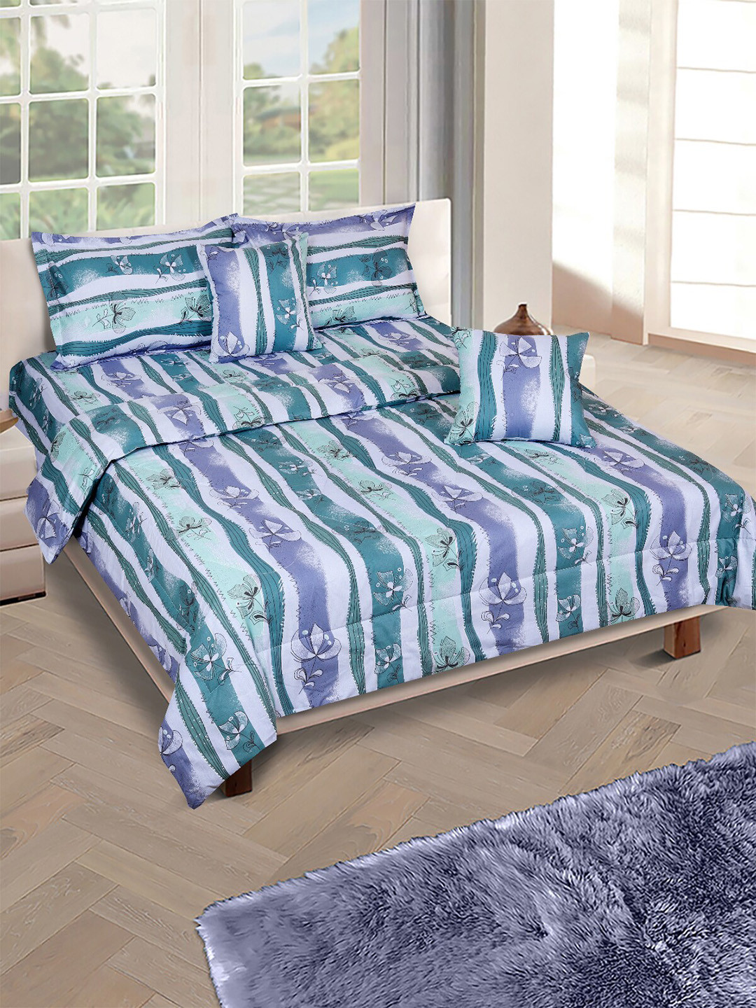 ROMEE Teal Green & Blue Floral Printed Cotton Double Queen Bedding Set With Pillow Cover