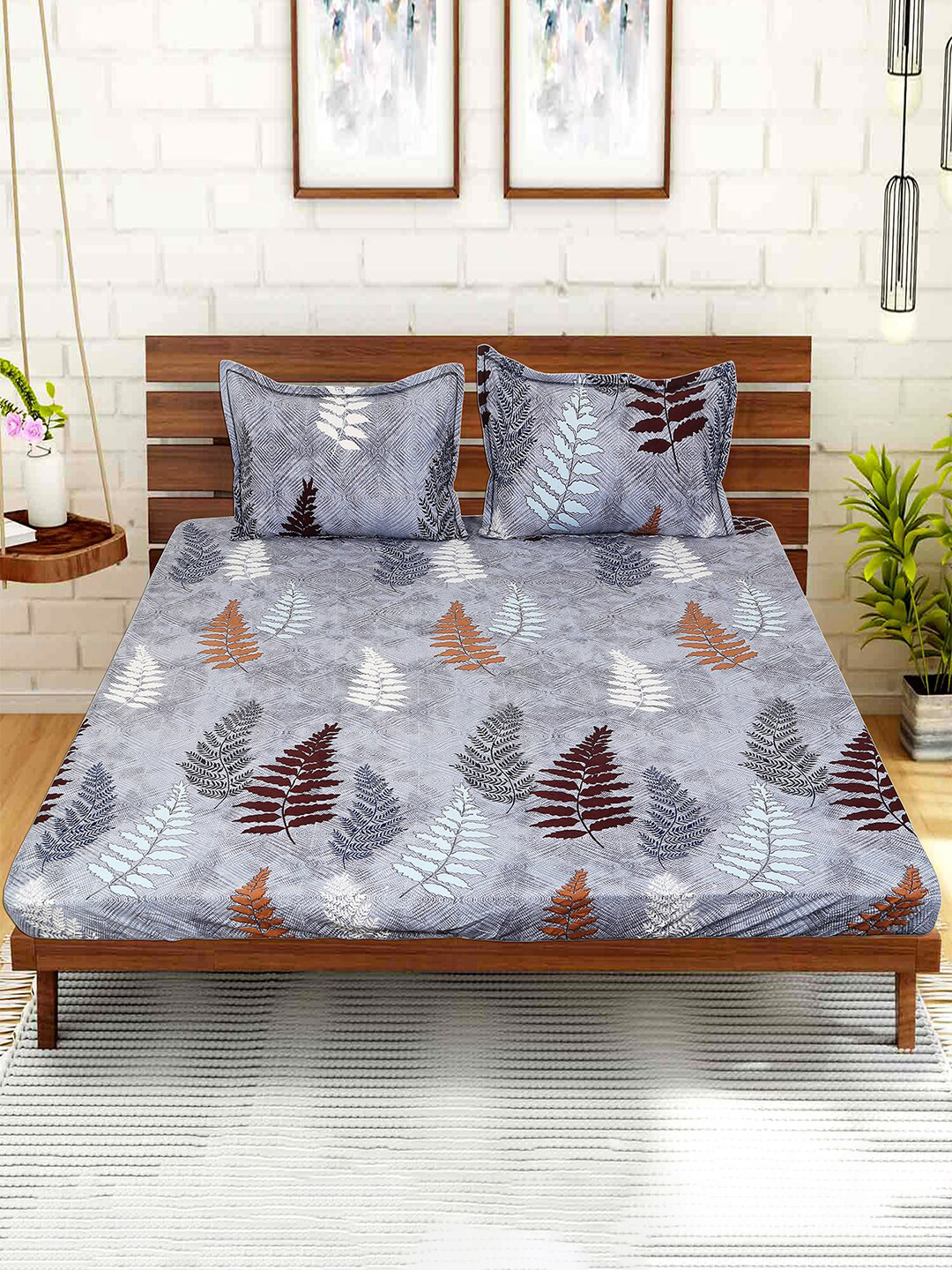 Kuber Industries Grey Leaf Cotton Wrinkle Free 144 TC Fitted King Bedsheet with 2 Pillow Covers-75 x 75 inches
