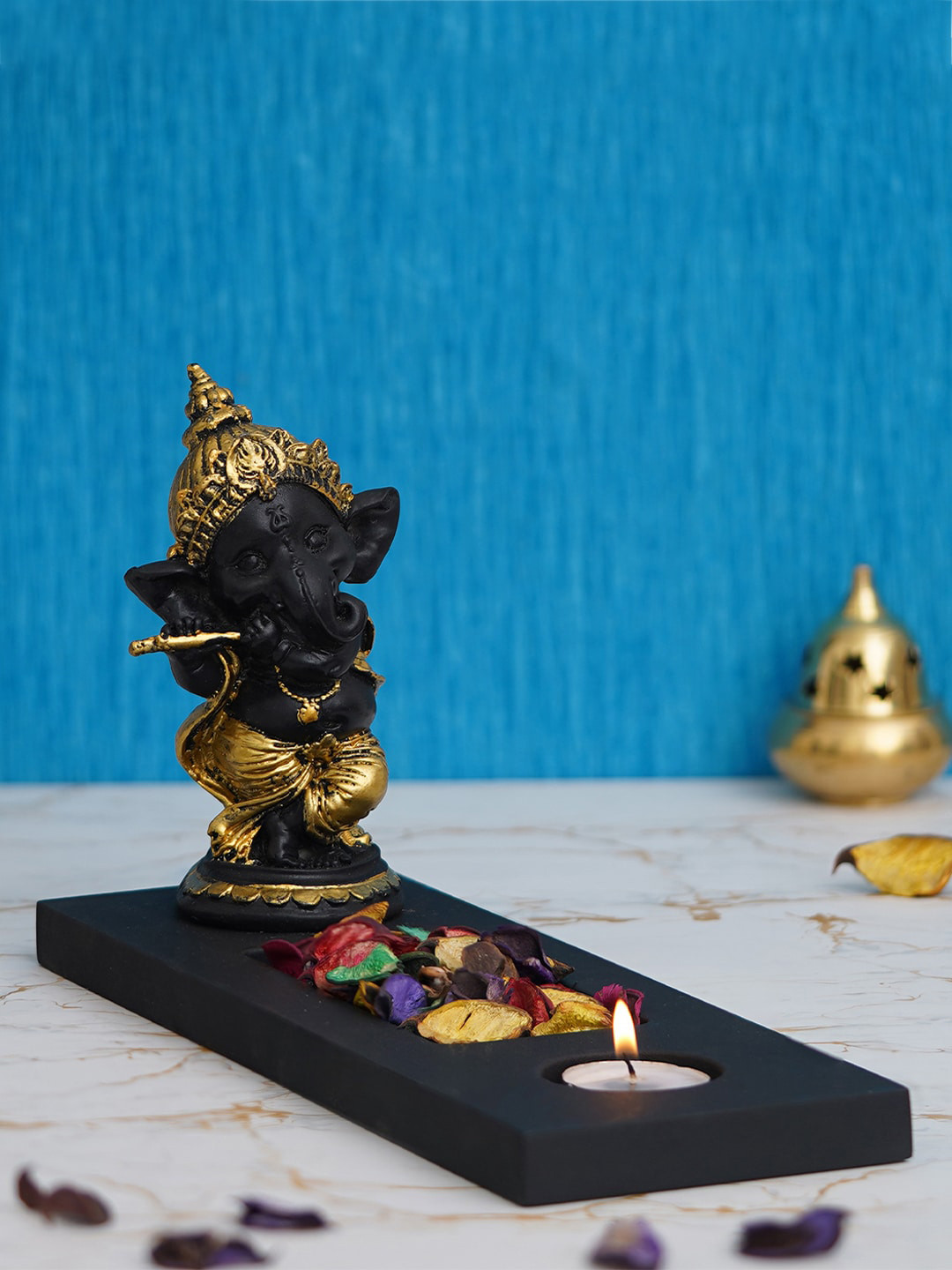 eCraftIndia Ganesha Tea Light Holder Black Polyresin Matte Prayer Room Lights Small Showpiece - 6.7 Inches