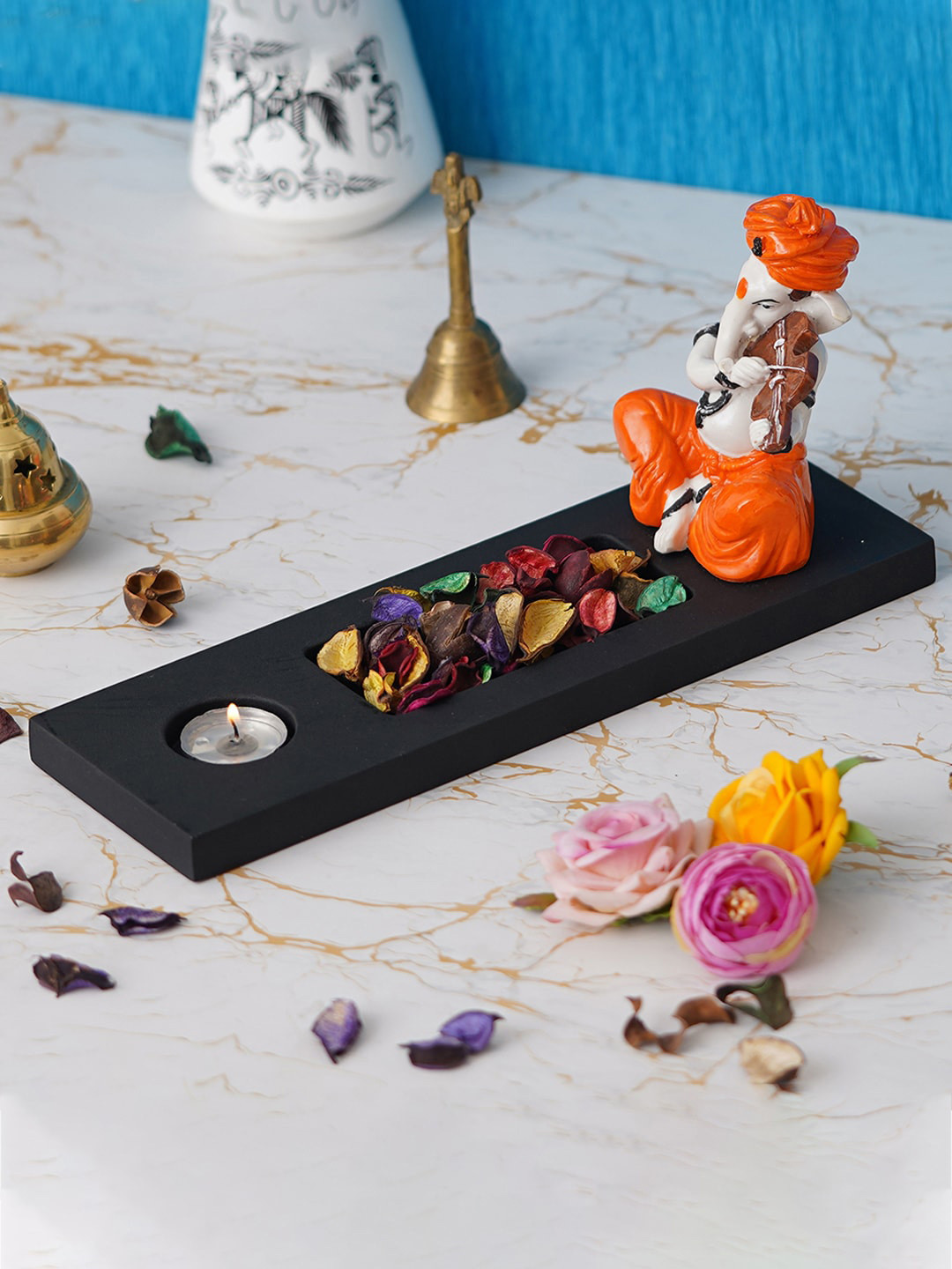 eCraftIndia Black Polyresin Matte Prayer Room Lights Medium Showpiece - 5.5 Inches