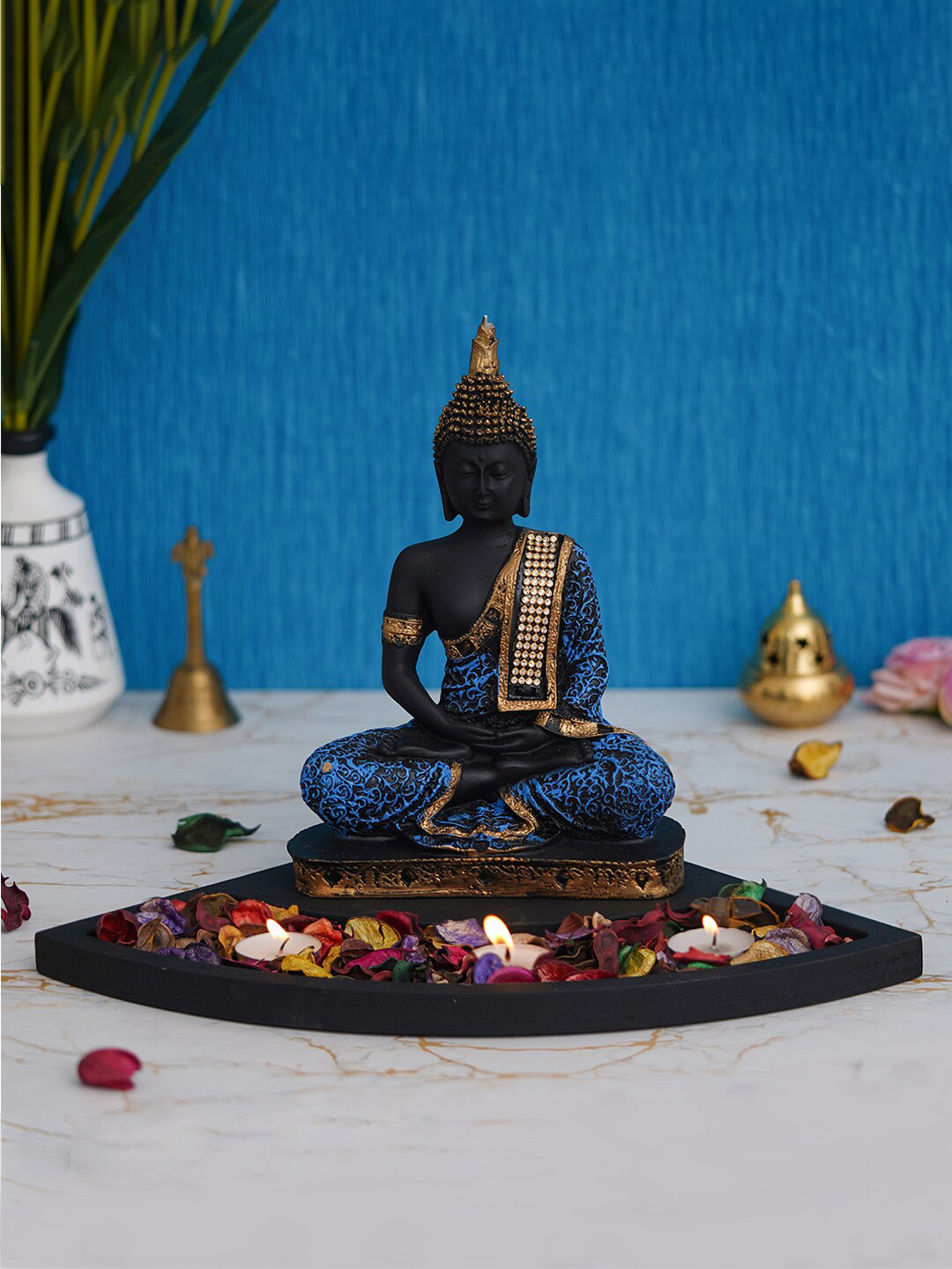 eCraftIndia Meditating Lord Buddha Tea Light Holder Black Polyresin Matte Living Room Lights Medium Showpiece - 9.8 Inches