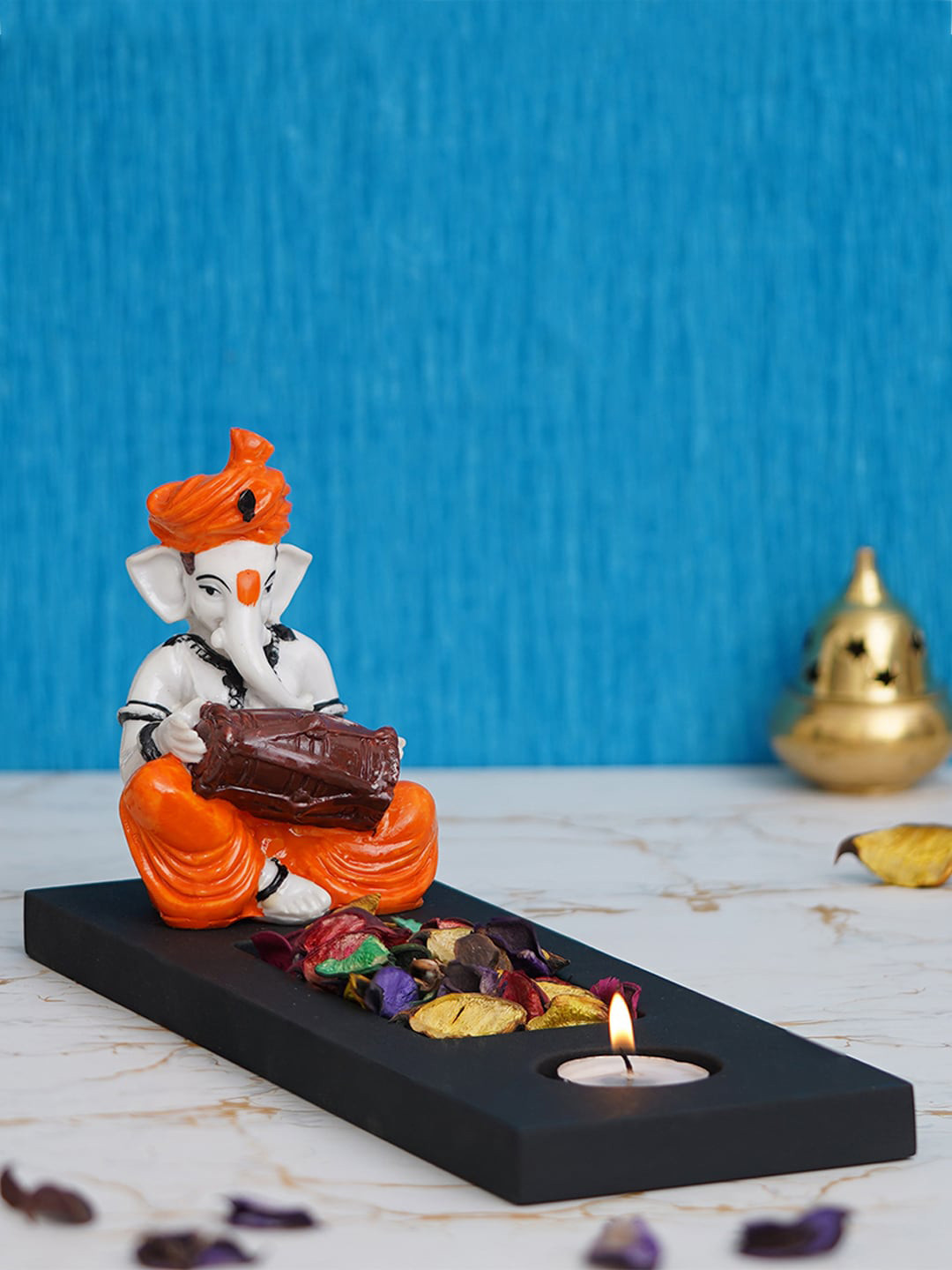 eCraftIndia Tea Light Holder Black Polyresin Glossy Prayer Room Lights Small Showpiece - 5.5 Inches