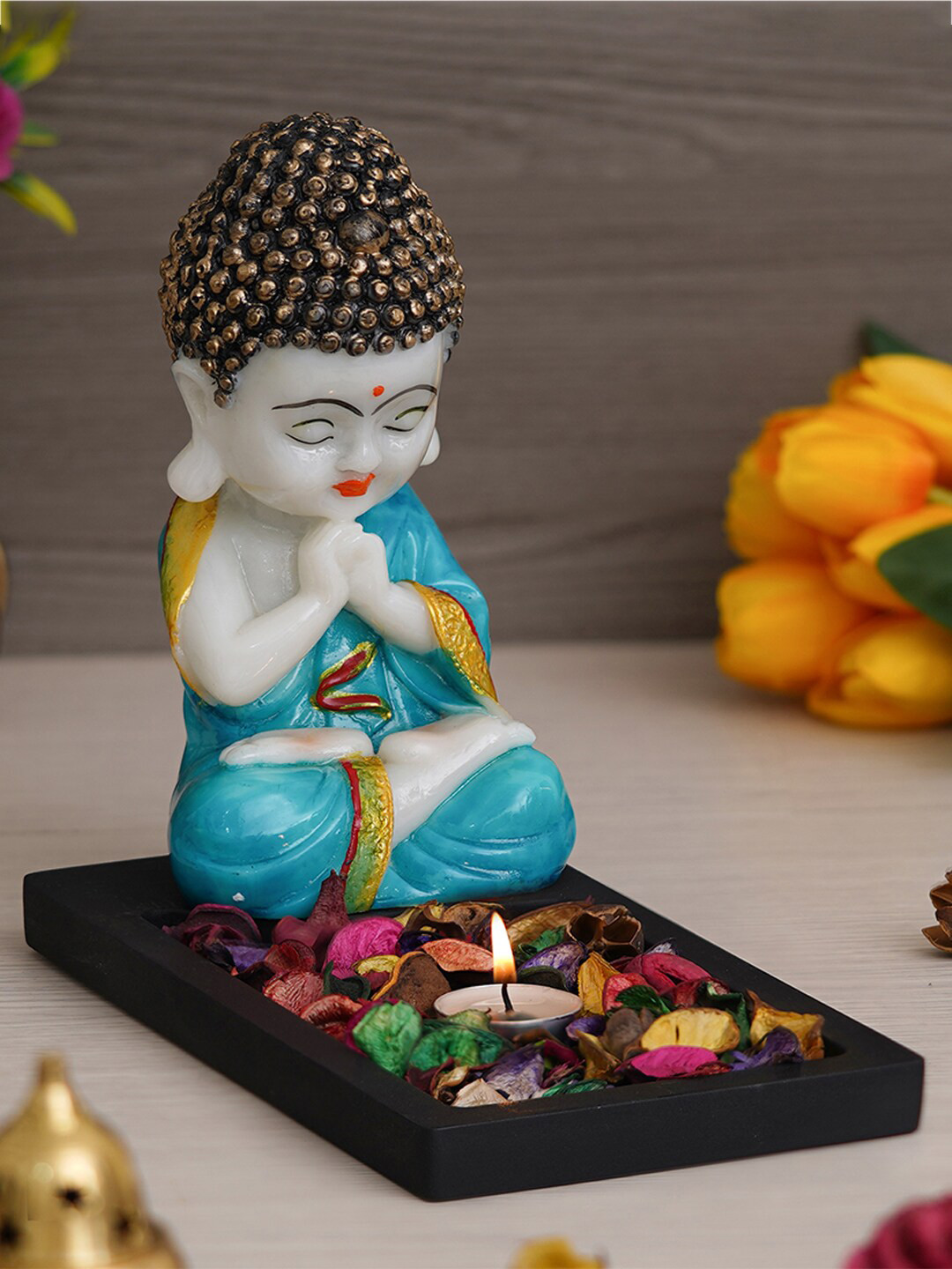 eCraftIndia Tea Light Holder Black Polyresin Glossy Living Room Lights Small Showpiece - 8.3 Inches