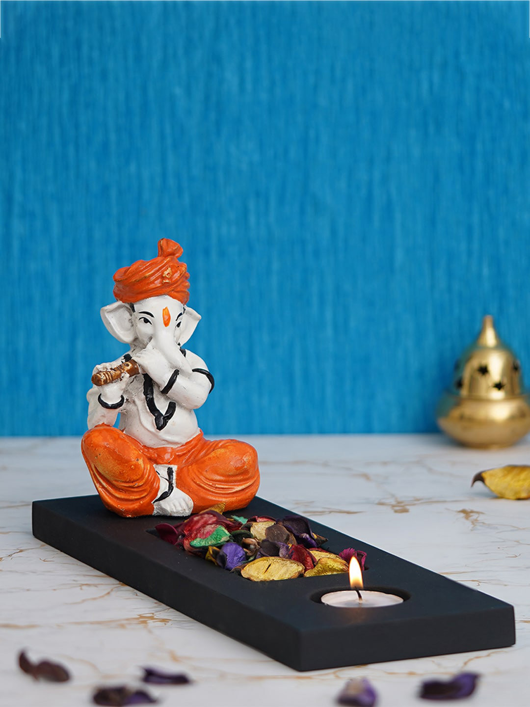 eCraftIndia Ganesha Tea Light Holder Black Polyresin Matte Prayer Room Lights Small Showpiece - 5.5 Inches