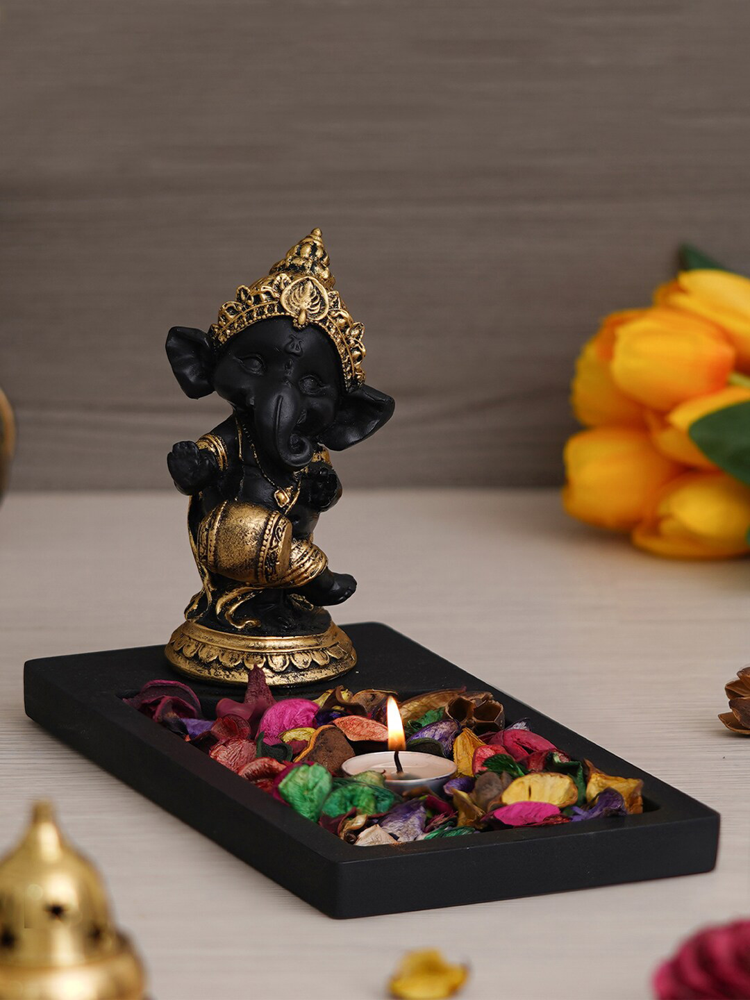 eCraftIndia Tea Light Holder Black Polyresin Natural Prayer Room Lights Small Showpiece - 6.7 Inches