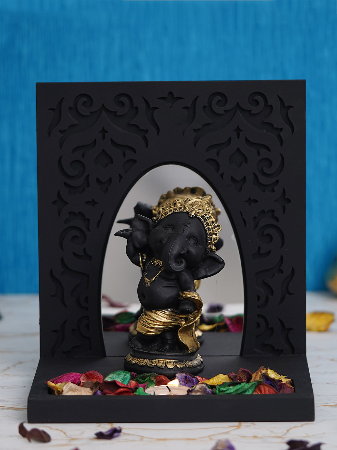 eCraftIndia Lord Ganesha Tea Light Holder Black Polyresin Glossy Prayer Room Lights Small Showpiece - 9.1 Inches