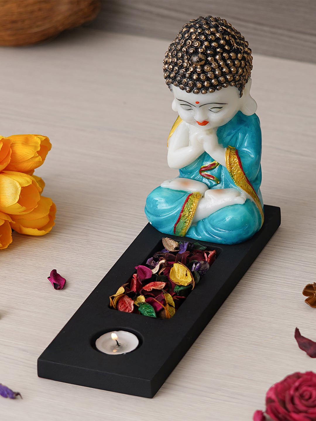 eCraftIndia Monk Buddha Tea Light Holder Black Polyresin Glossy Bedroom Lights Small Showpiece - 7.9 Inches