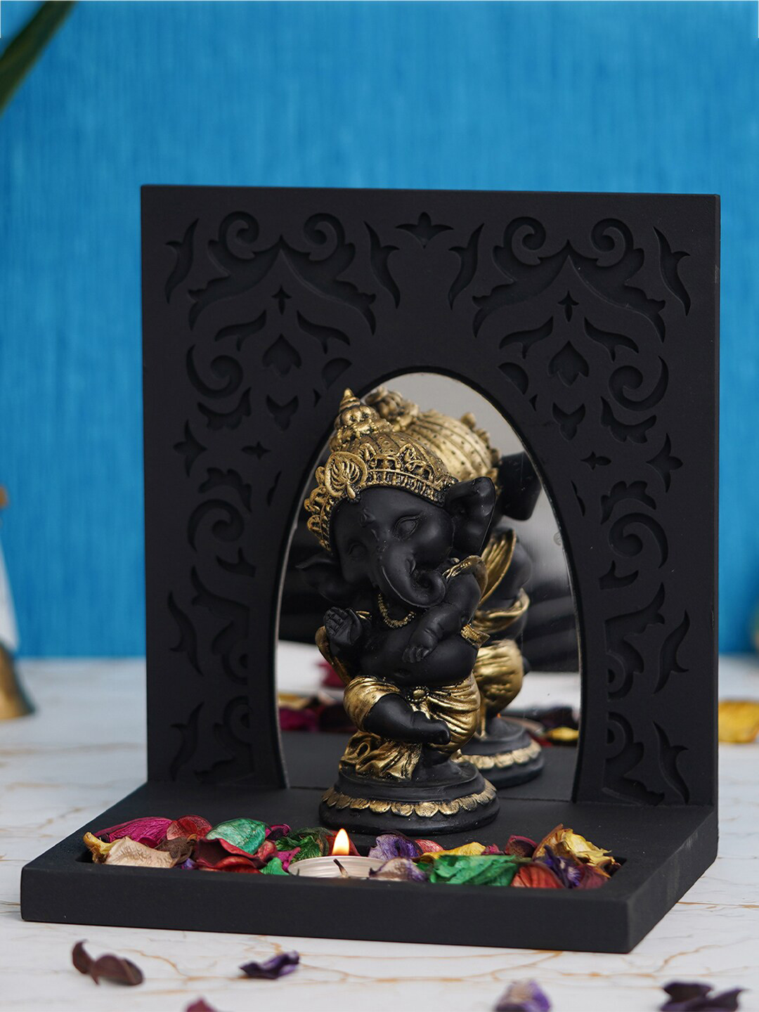 eCraftIndia Ganesha Black Polyresin Glossy Prayer Room Lights Small Showpiece - 9.1 Inches