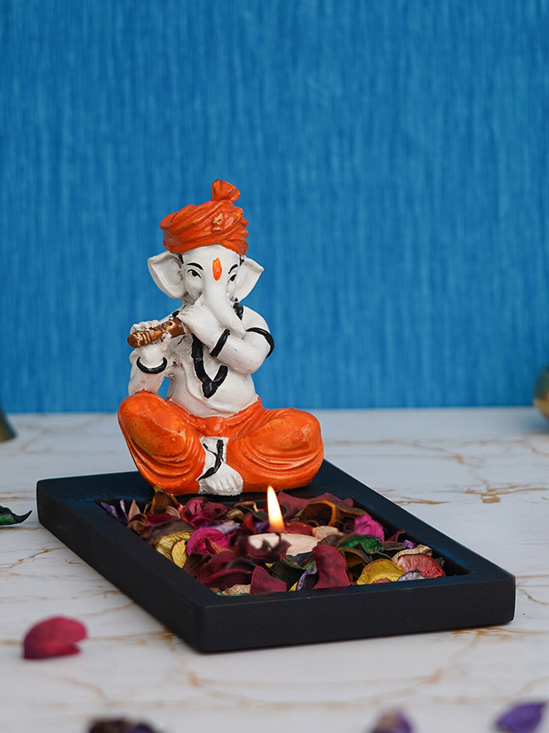 eCraftIndia Tea Light Holder Black Polyresin Matte Prayer Room Lights Small Showpiece - 5.5 Inches