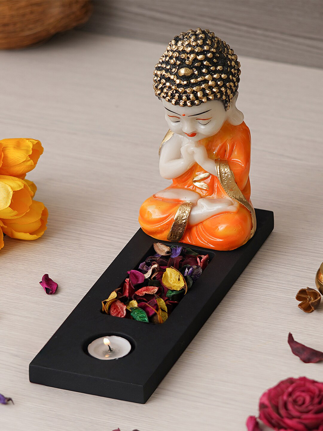 eCraftIndia Buddha Tea Light Holder Black Polyresin Glossy Living Room Lights Medium Showpiece - 7.9 Inches