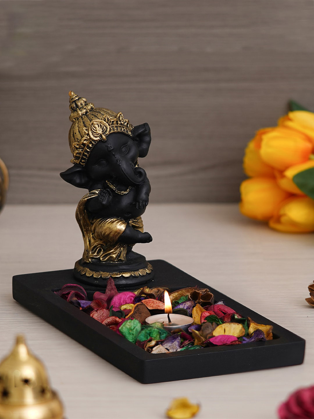 eCraftIndia Black Polyresin Natural Prayer Room Lights Small Showpiece - 6.7 Inches