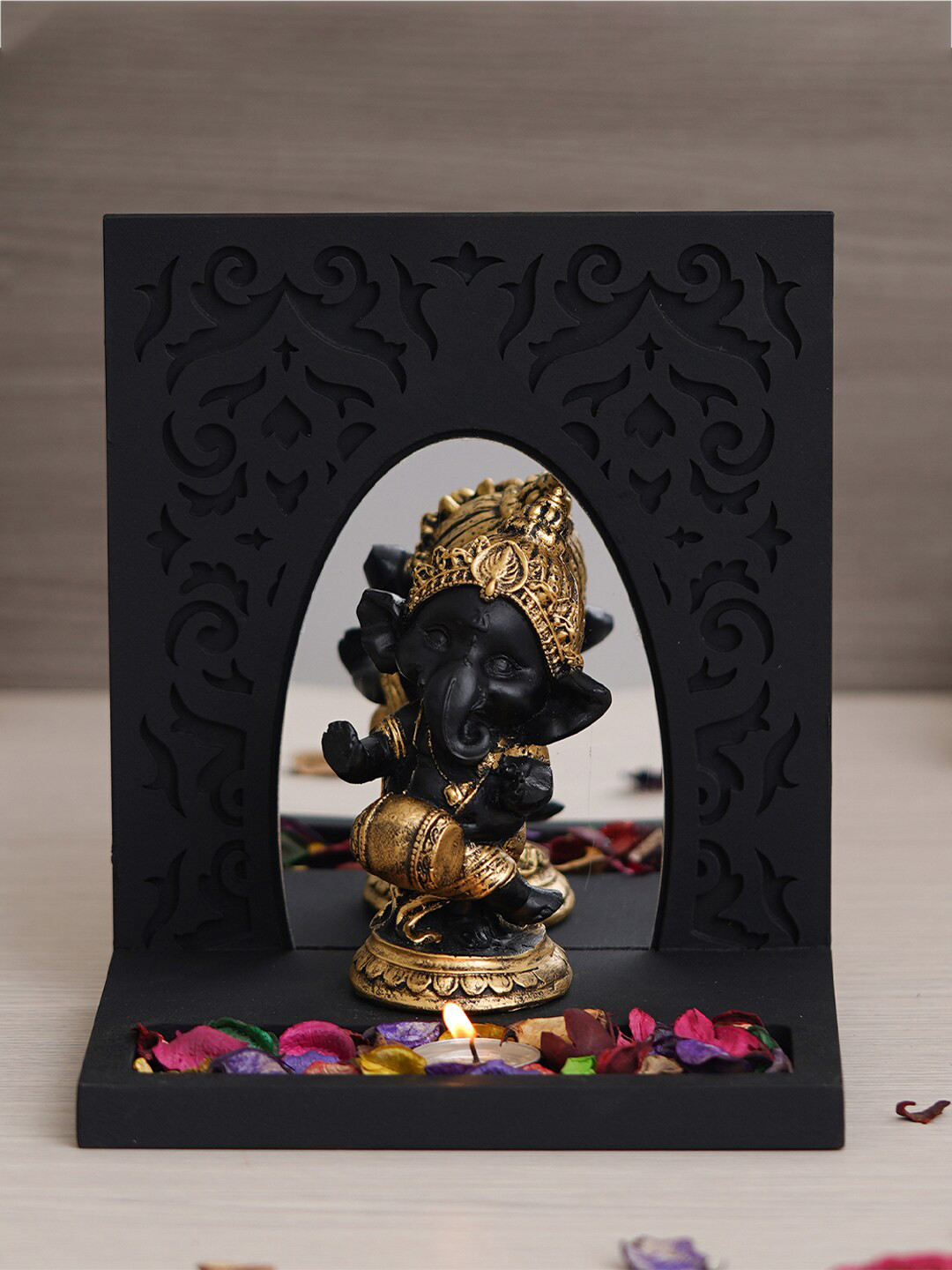 eCraftIndia Tea Light Holder Black Polyresin Glossy Prayer Room Lights Medium Showpiece - 8.7 Inches