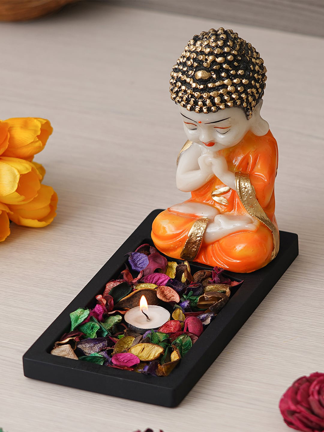 eCraftIndia Tea Light Holder Black Polyresin Glossy Living Room Lights Small Showpiece - 10.6 Inches