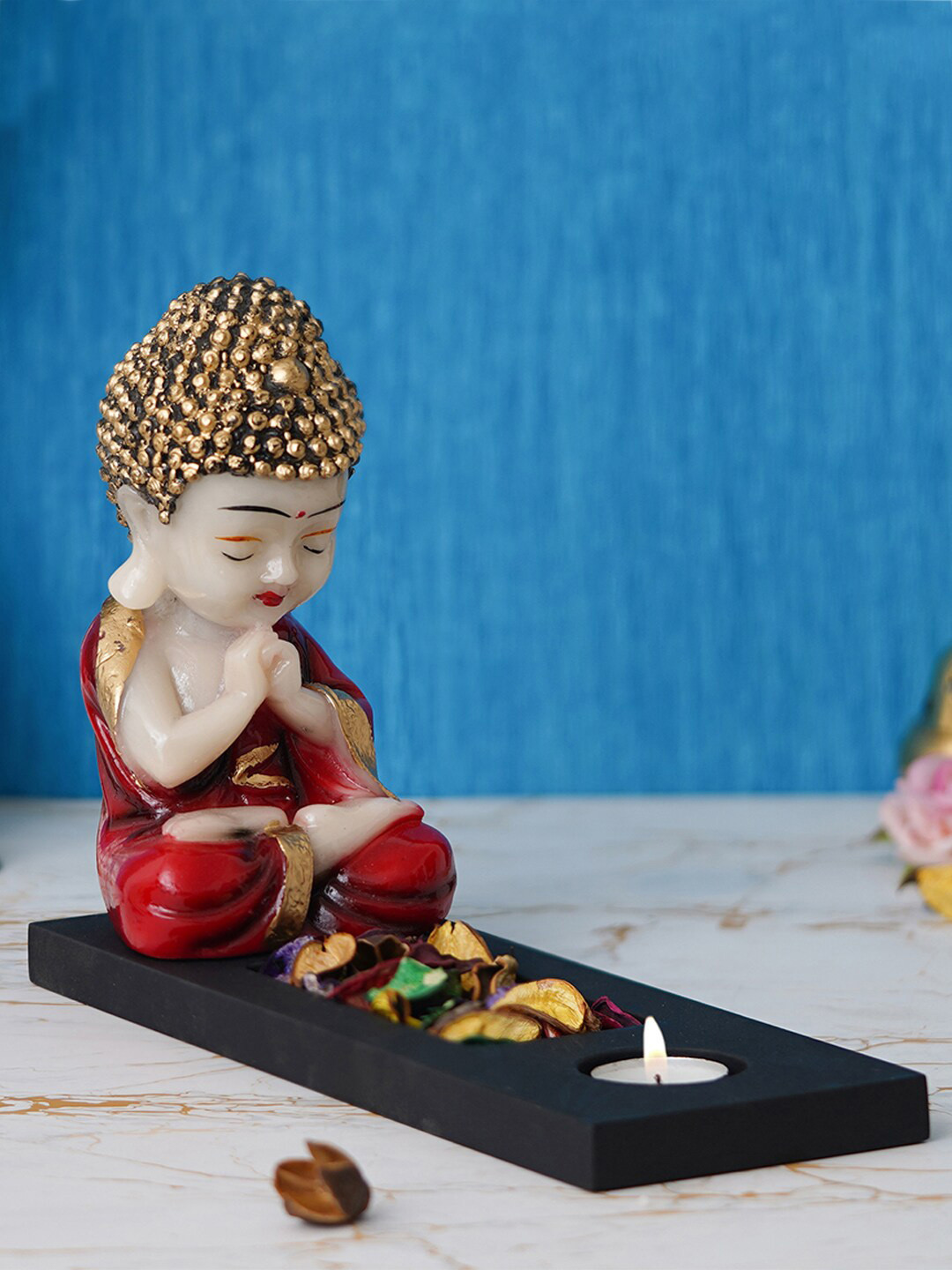 eCraftIndia Tea Light Holder Black Polyresin Matte Living Room Lights Medium Showpiece - 7.9 Inches