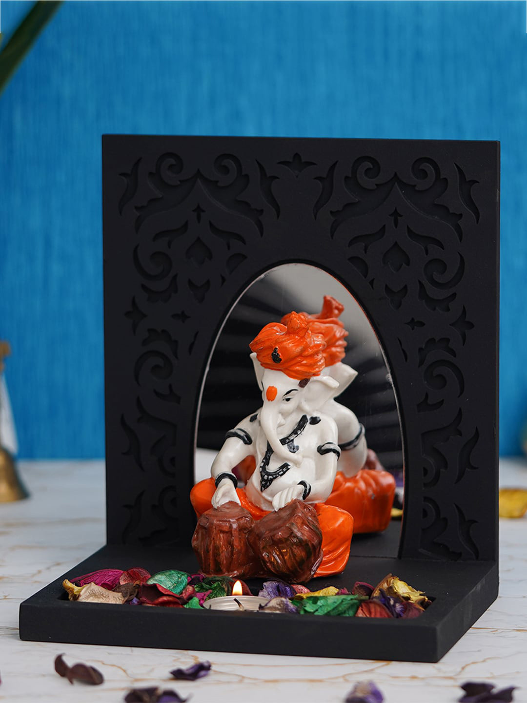 eCraftIndia Tea Light Holder Black Polyresin Natural Prayer Room Lights Medium Showpiece - 9.1 Inches