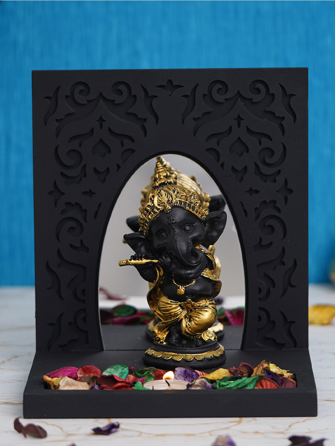 eCraftIndia Tea Light Holder Black Polyresin Matte Prayer Room Lights Medium Showpiece - 9.4 Inches