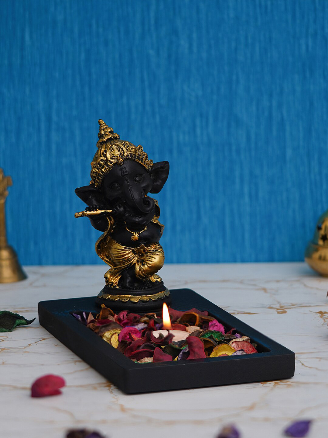 eCraftIndia Black Polyresin Matte Prayer Room Lights Small Showpiece - 6.7 Inches
