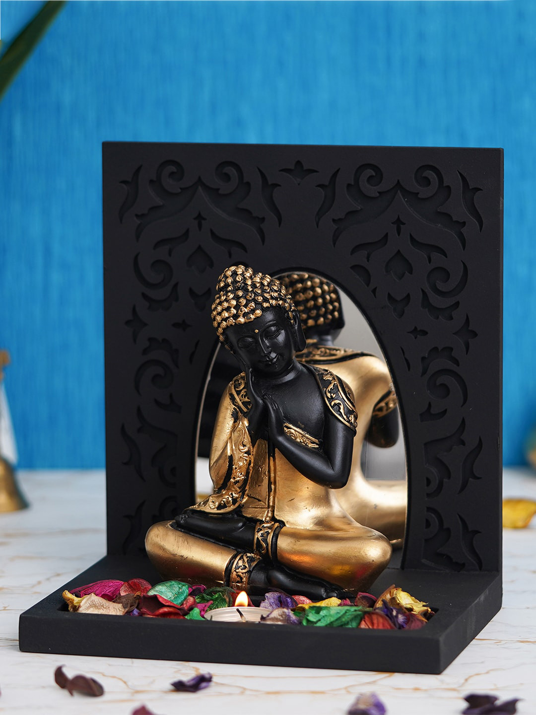 eCraftIndia Tea Light Holder Black Polyresin Matte Prayer Room Lights Small Showpiece - 9.1 Inches
