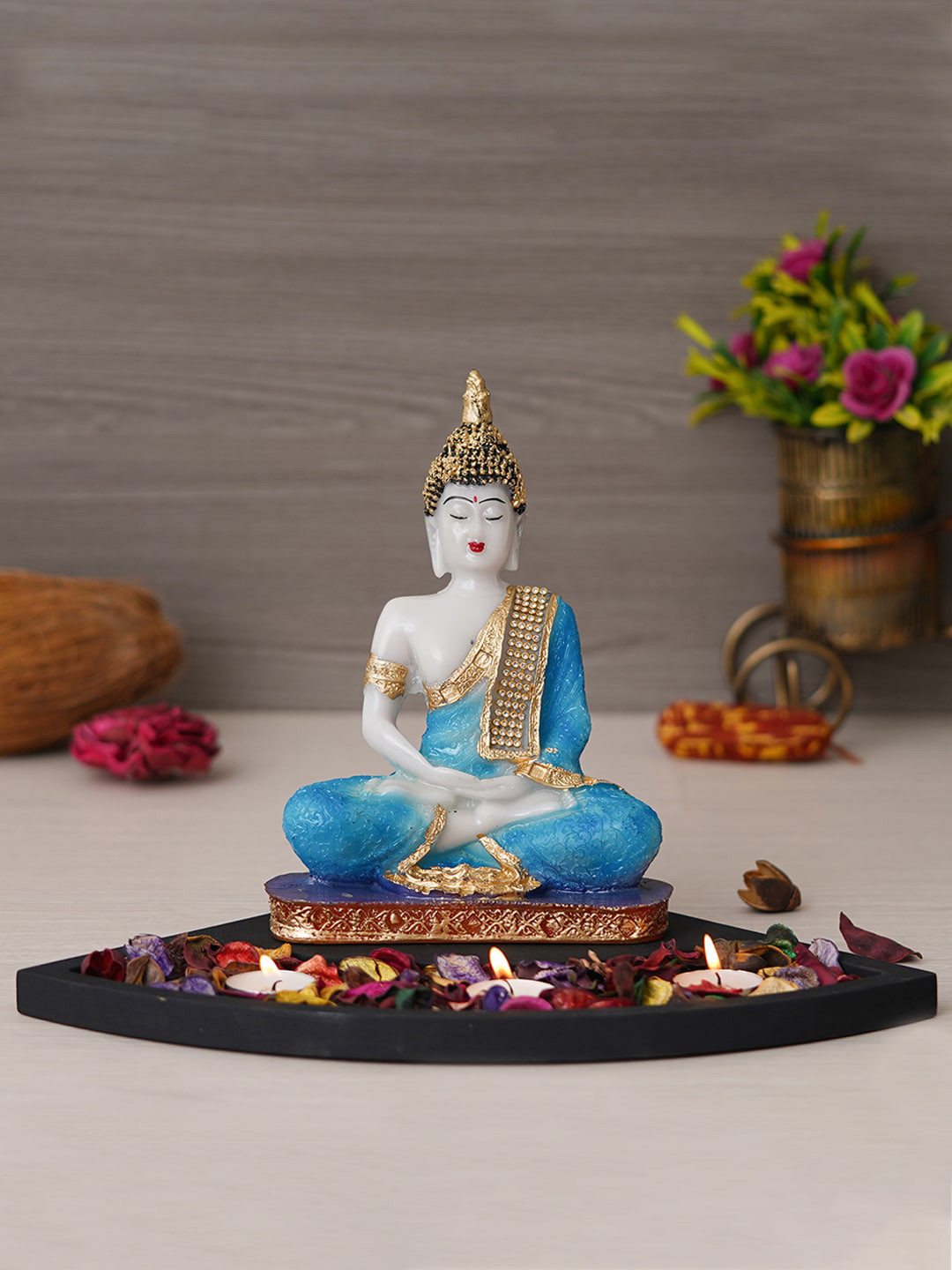 eCraftIndia Tea Light Holder White Polyresin Glossy Living Room Lights Medium Showpiece - 9.1 Inches