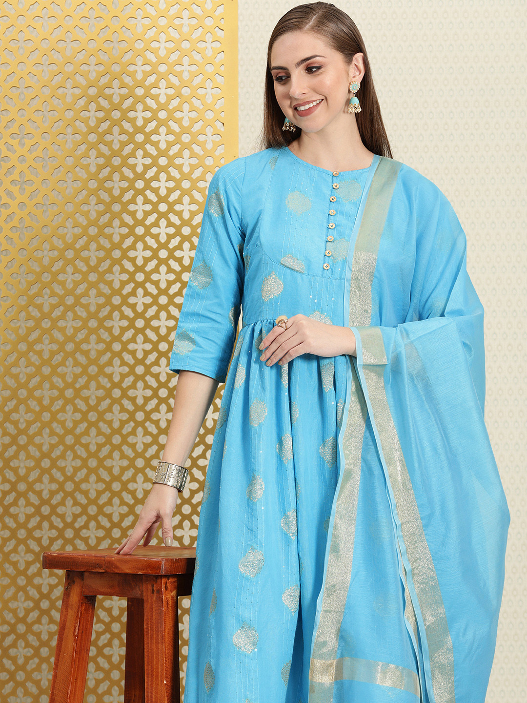 House of Pataudi Women Jashn Paisley Sequinned Pure Cotton Kurta & Churidar With Dupatta