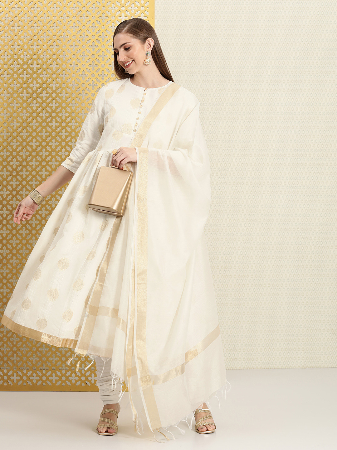 House of Pataudi Women Jashn Paisley Sequinned Pure Cotton Kurta & Churidar With Dupatta