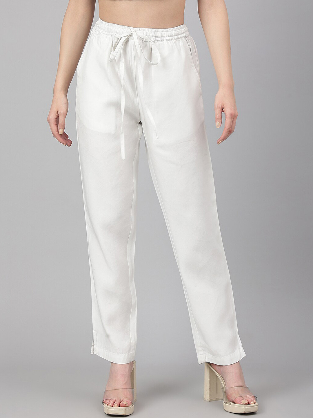 Janasya Women White Denim Solid Western Pant