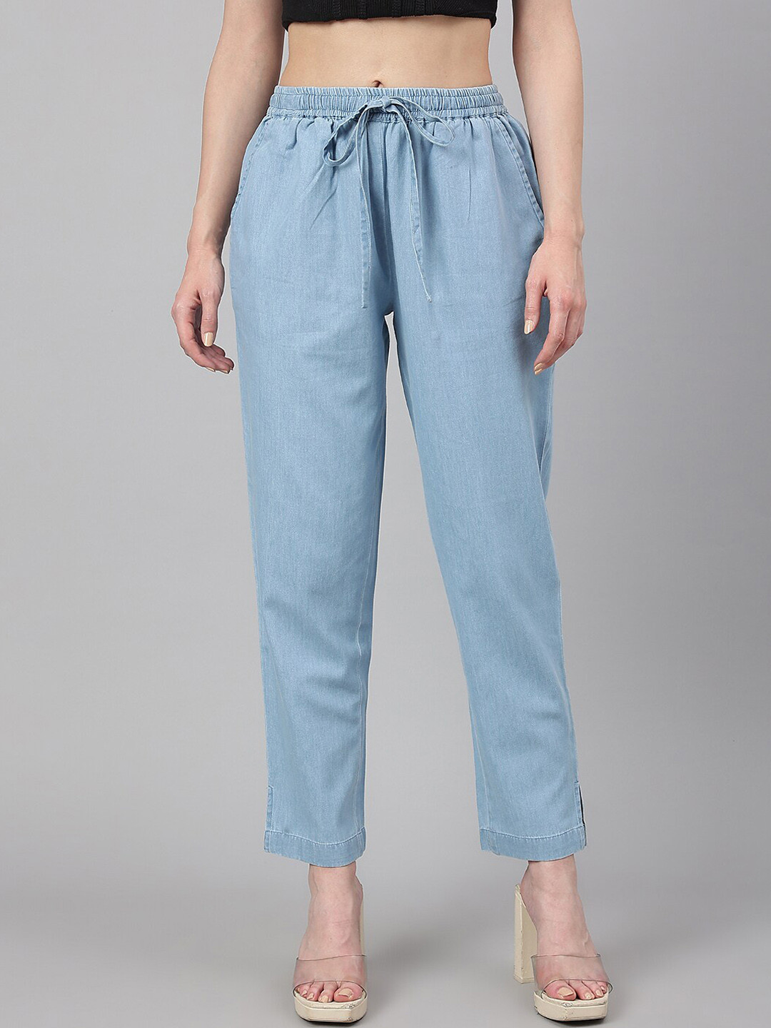 Janasya Women Solid Denim Trousers