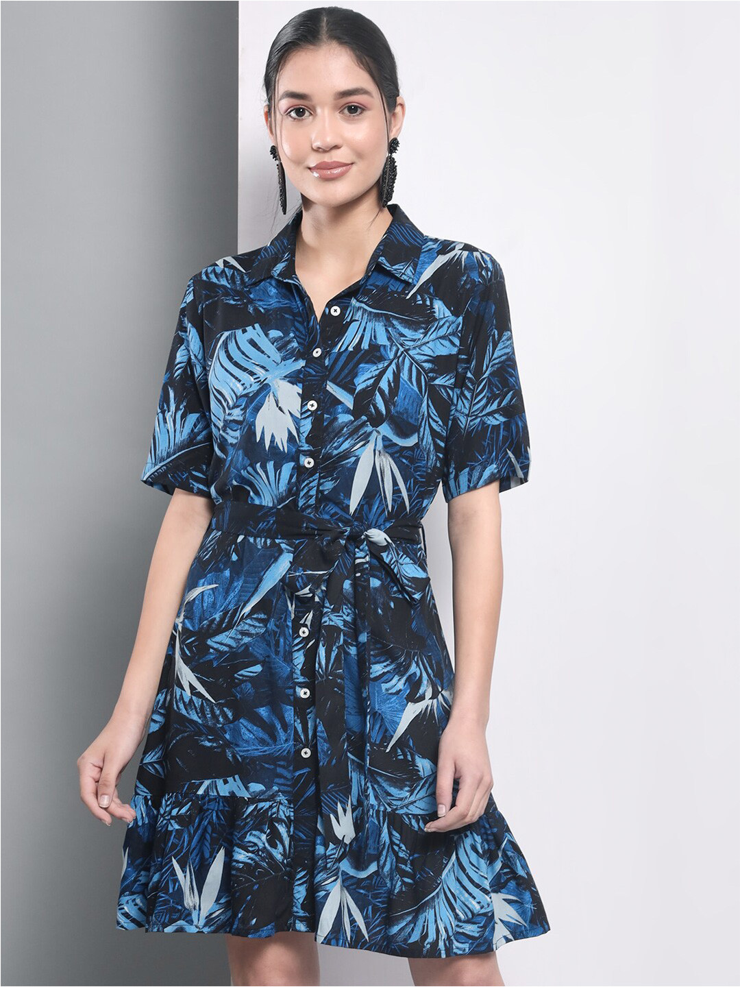 Trend Arrest Blue and Black Tropical A-Line Dress