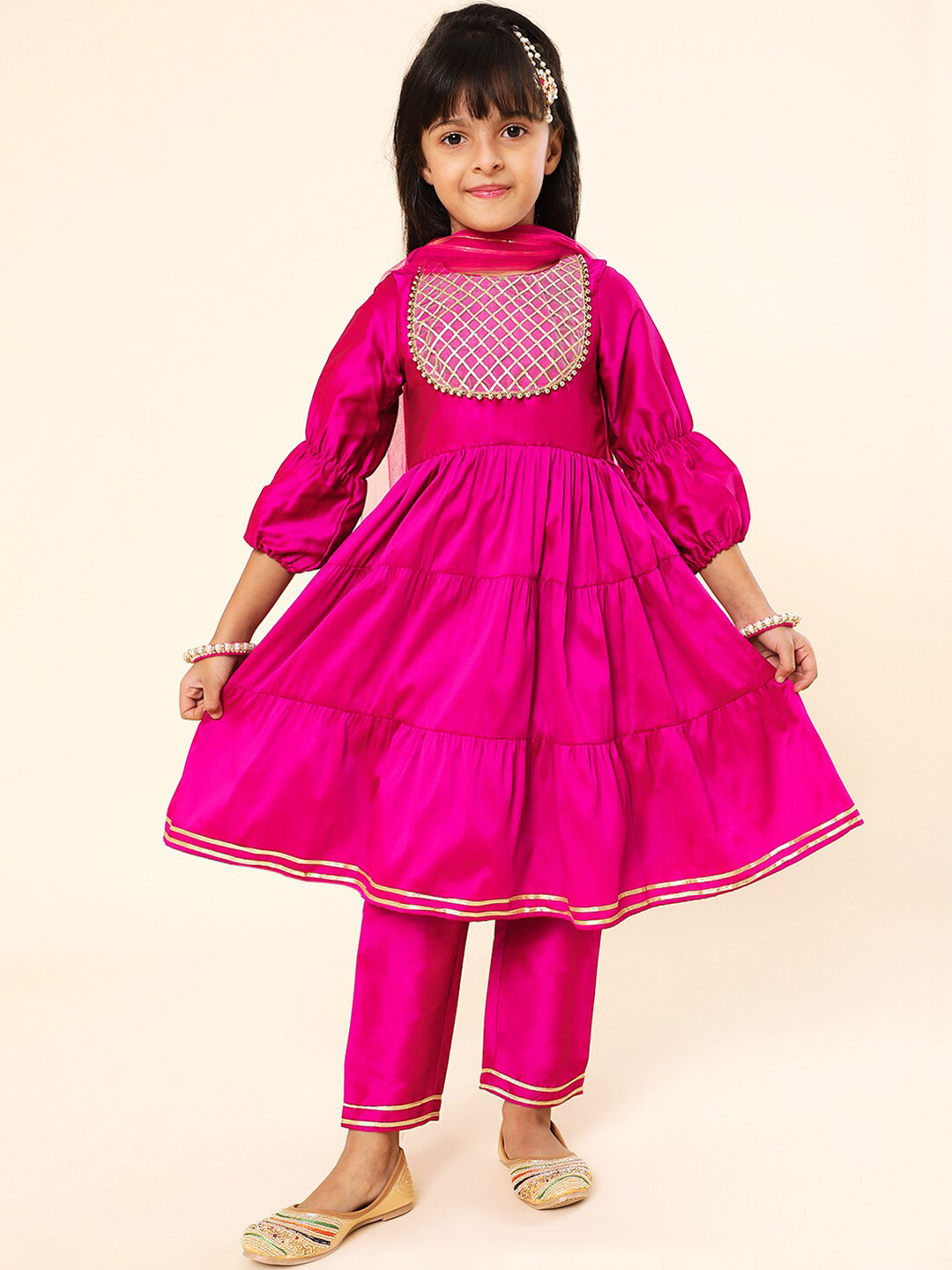 A.T.U.N. Girls Yoke Design Tiered Thread Work Kurta with Trousers & Dupatta