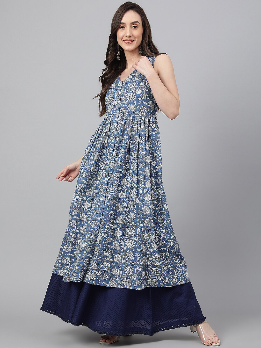 Janasya Women's Blue Pure Cotton Floral Print Flared Kurta