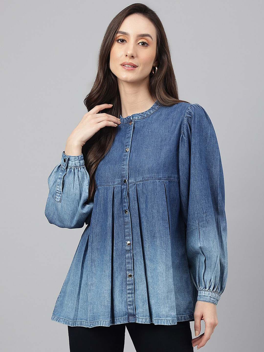 Janasya Women's Blue Denim Faded Flared Top