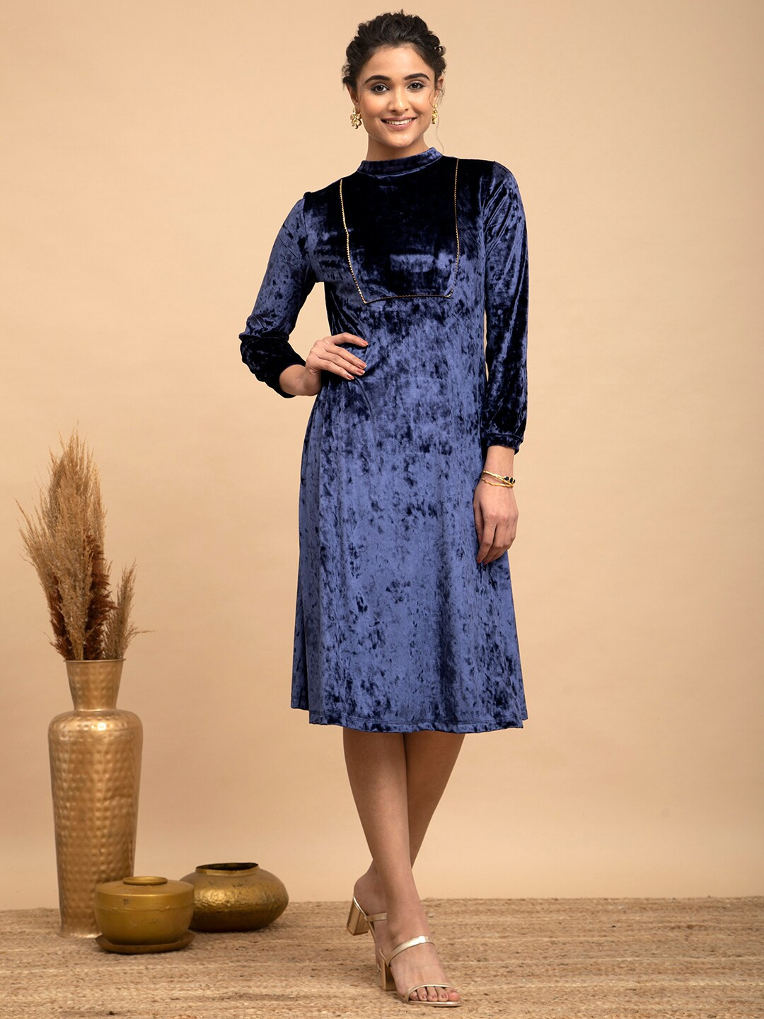 Pink Fort High Neck Velvet A-Line Midi Dress