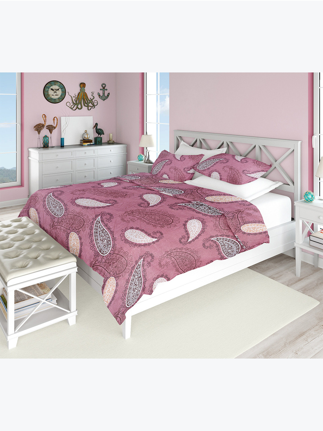 AAZEEM Purple Paisley Polyester Breathable 210 TC Queen Fine Bedsheet with 2 Pillow Covers-100 x 90 inches