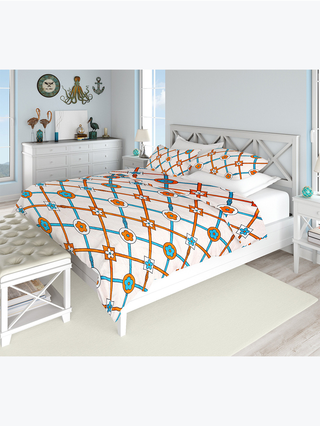 AAZEEM White Geometric Polyester Breathable 210 TC Queen Fine Bedsheet with 2 Pillow Covers-254 x 228 cm