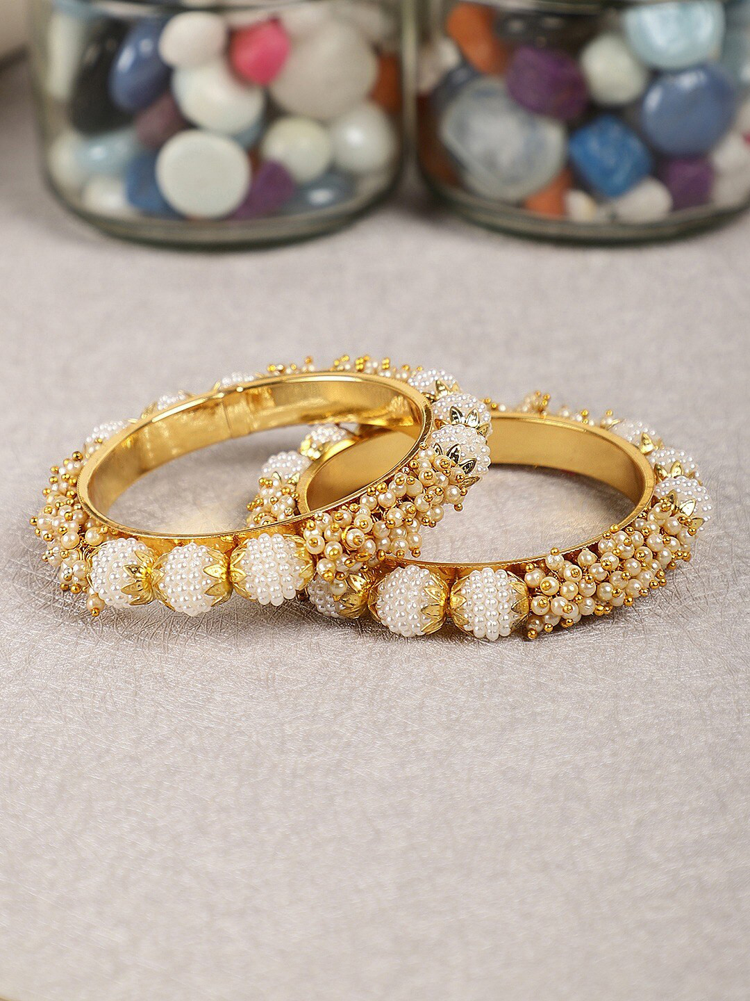 Crunchy Fashion Set Of 2 Gold-Plated Pearls Beaded Bangles
