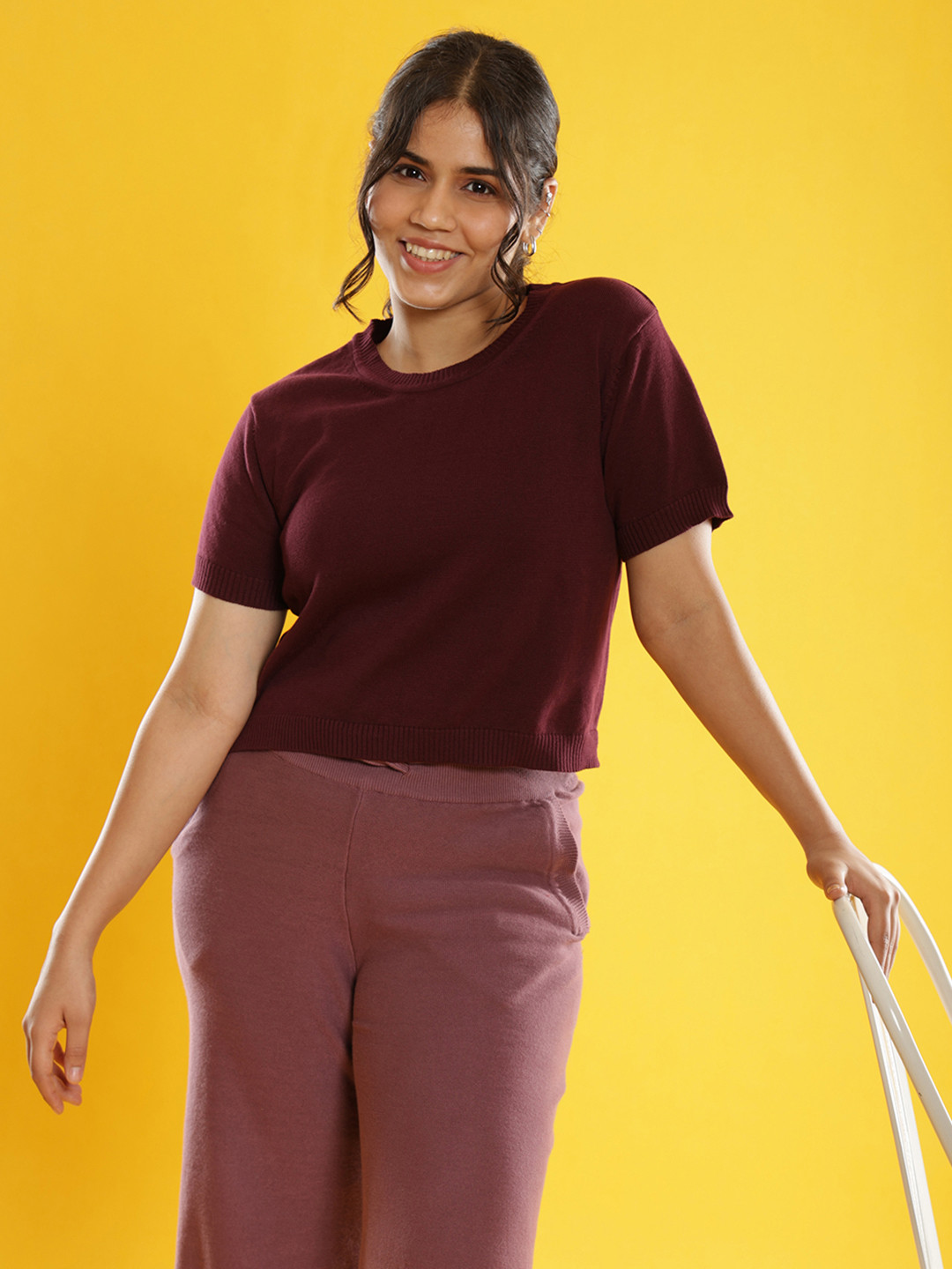 Blissclub Women Burgundy Cotton Relaxed Fit Crop Top with Short Sleeves