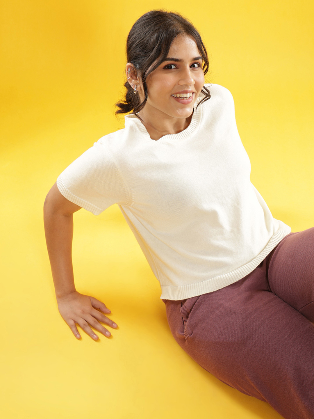 Blissclub Women White Cotton Relaxed Fit Crop Top with Short Sleeves