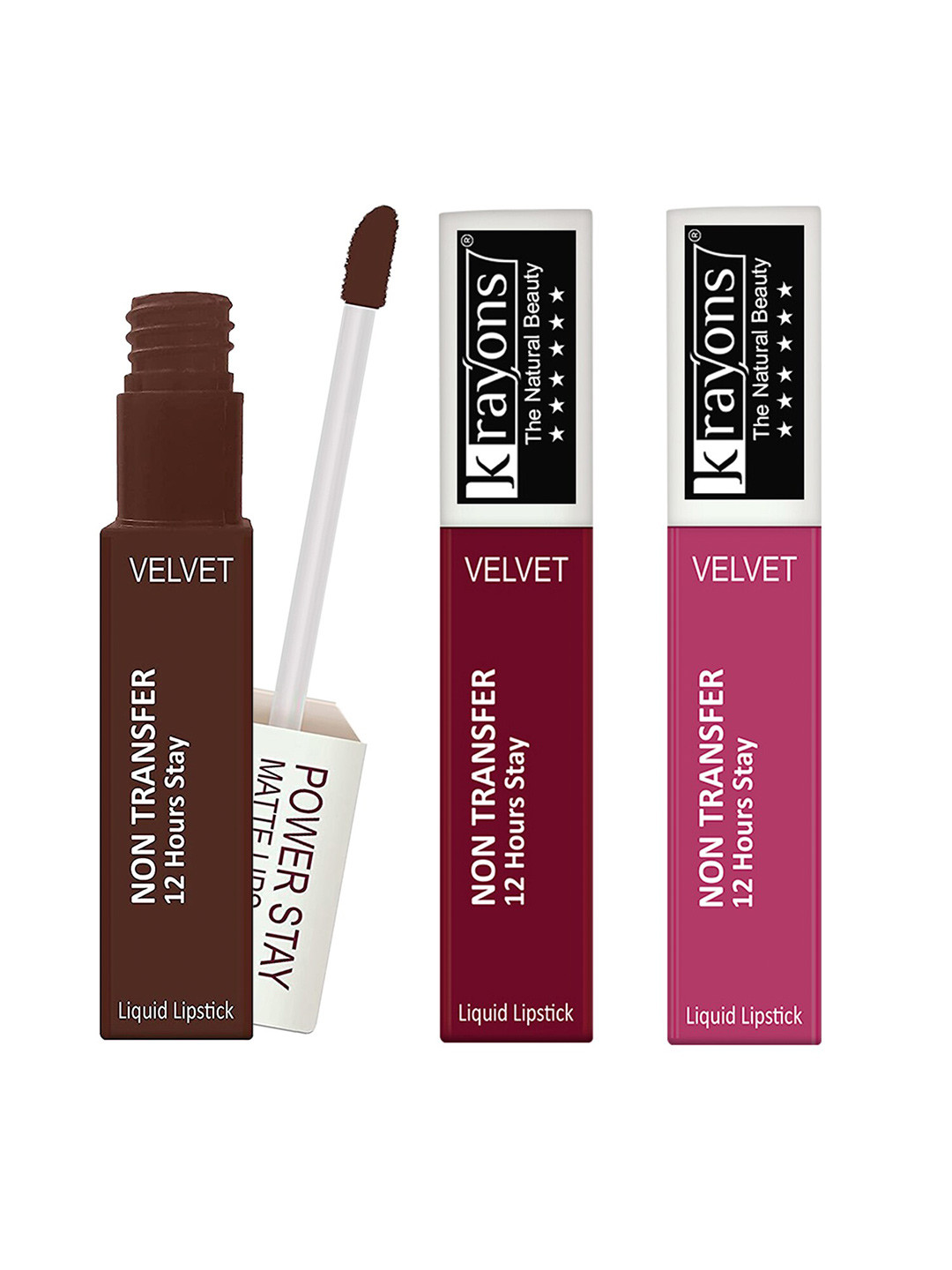 krayons Set of 3 Power Stay Non-Transfer 12 Hours Stay   Matte Liquid Lipsticks 4 ml Each- Caramel 16 - Maroon Magic 09 - Pink Glam 10