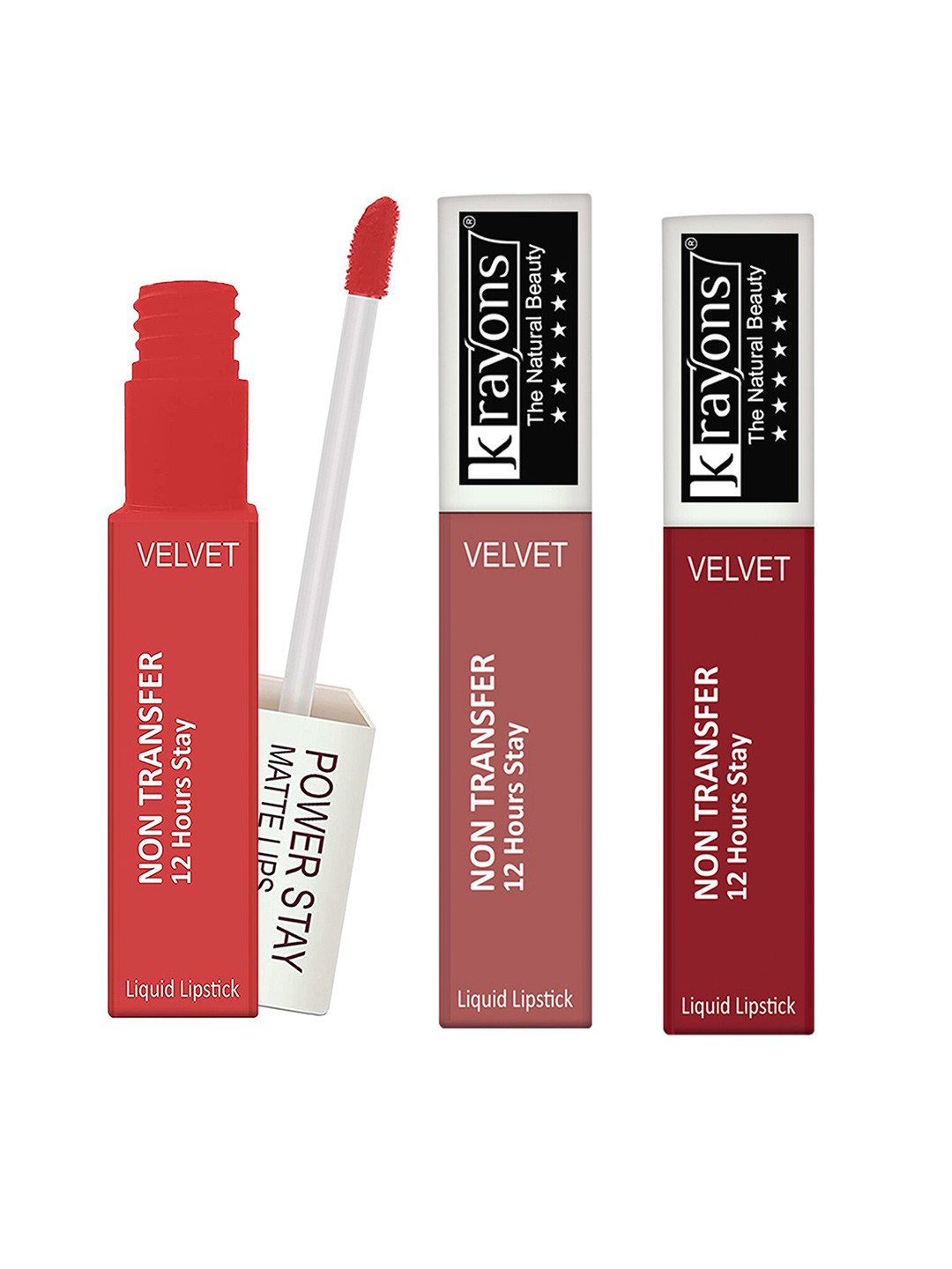 krayons Set of 3 Power Stay Non-Transfer 12 Hours Stay   Matte Liquid Lipsticks 4 ml Each-Burnt Orange 01 Wow Nude 21- Red Rush 22