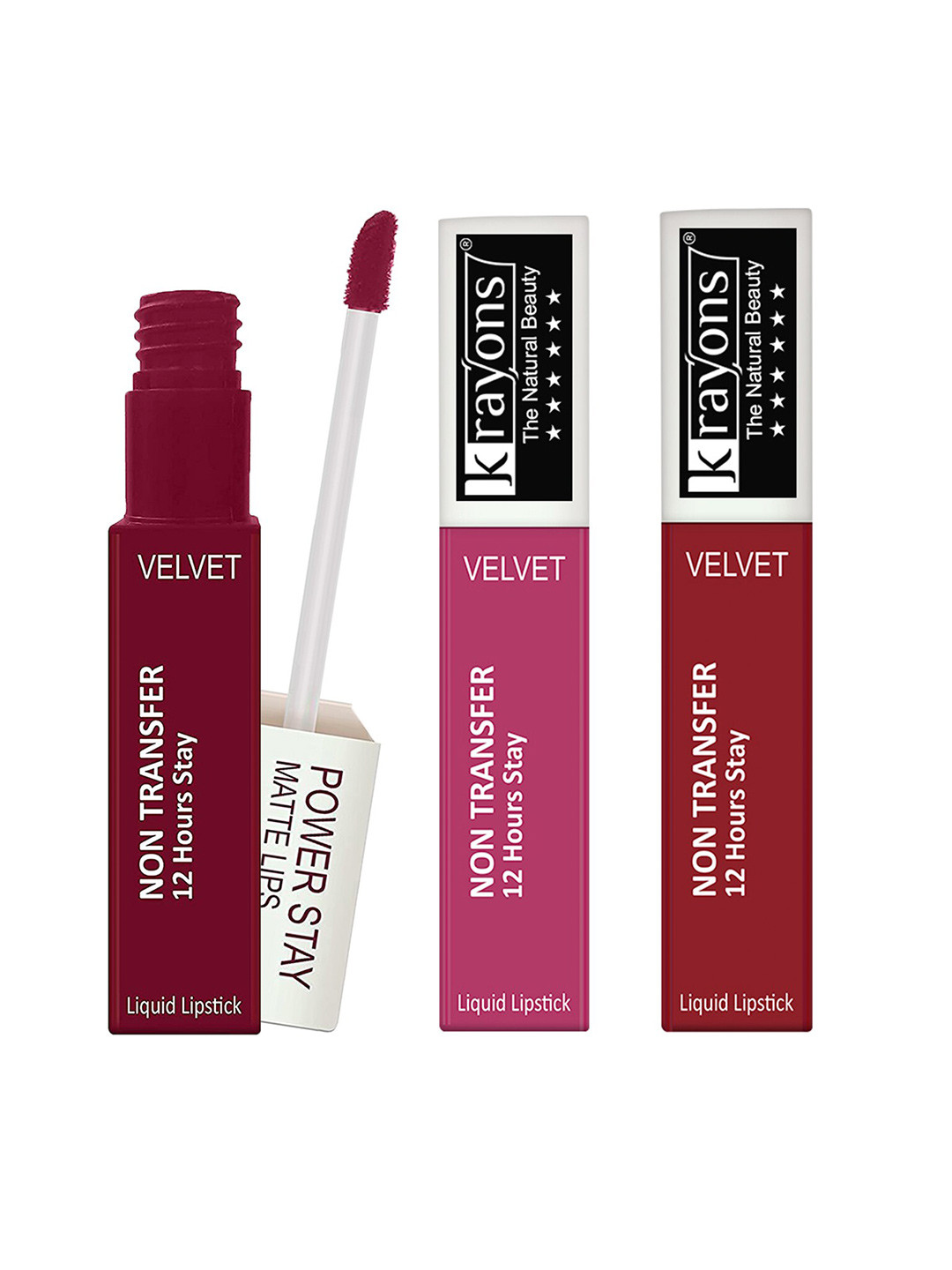 krayons Set of 3 Power Stay Non-Transfer 12 Hours Stay   Matte Liquid Lipsticks 4 ml Each-Maroon Magic 09 - Pink Glam10 - Red Rush 22